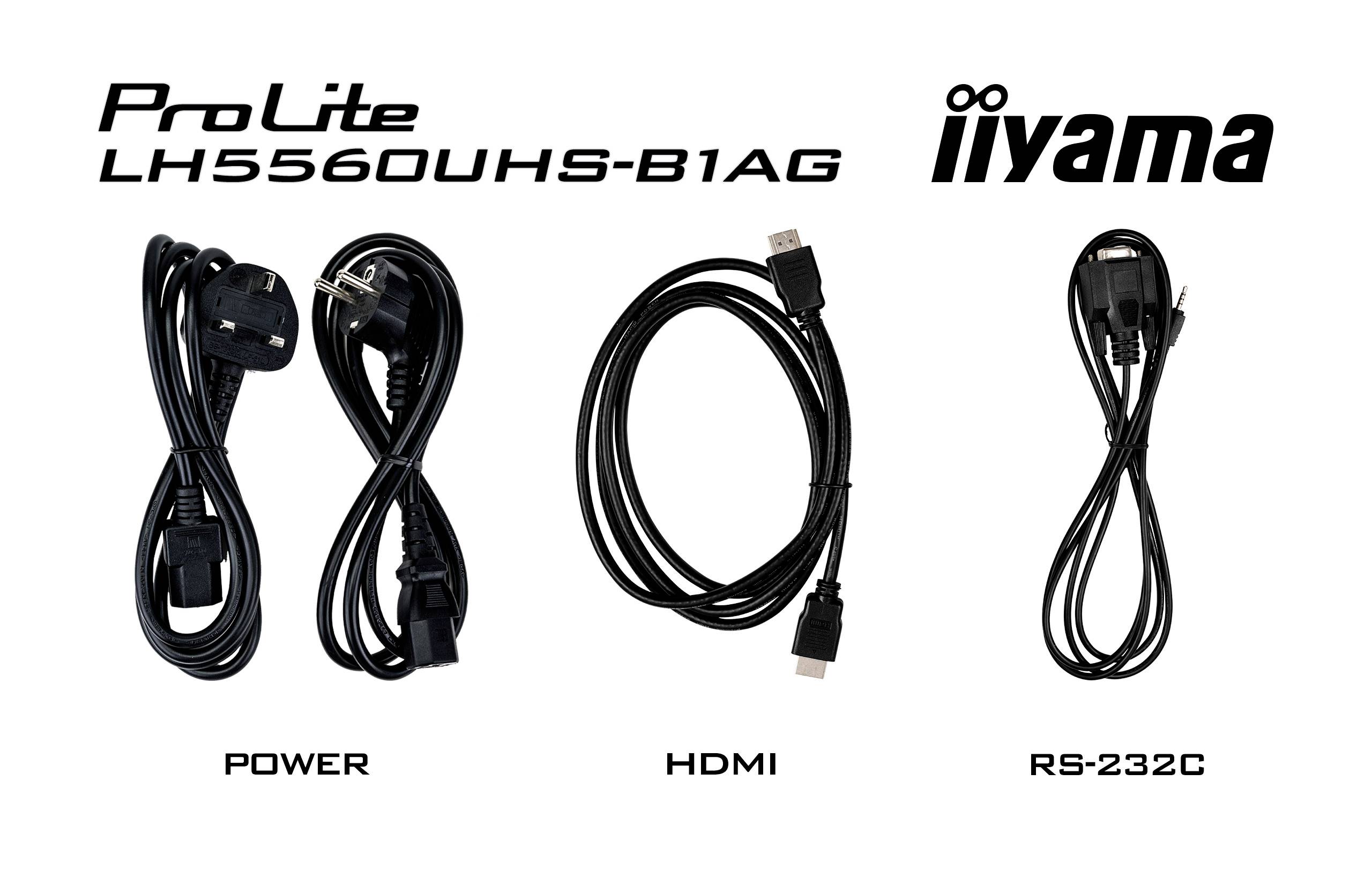 Drei Kabel: 'Power', 'HDMI' und 'RS-232C' unter dem Schriftzug 'ProLite LH5560UHS-B1AG' und dem Logo von 'iiyama'.