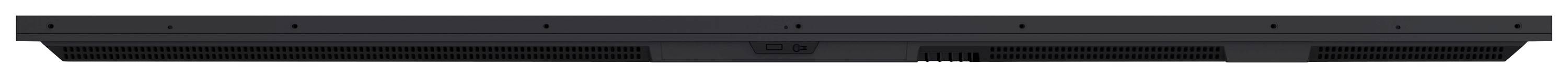 Ein schwarzer Soundbar mit einem schlichten, modernen Design. Keine sichtbaren Knöpfe oder Anzeigen. Geeignet für das Wohnzimmer.