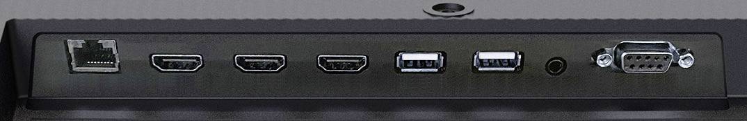 Anschlüsse eines Monitors: Ethernet, zwei HDMI, zwei USB, Audio, und ein VGA-Anschluss.