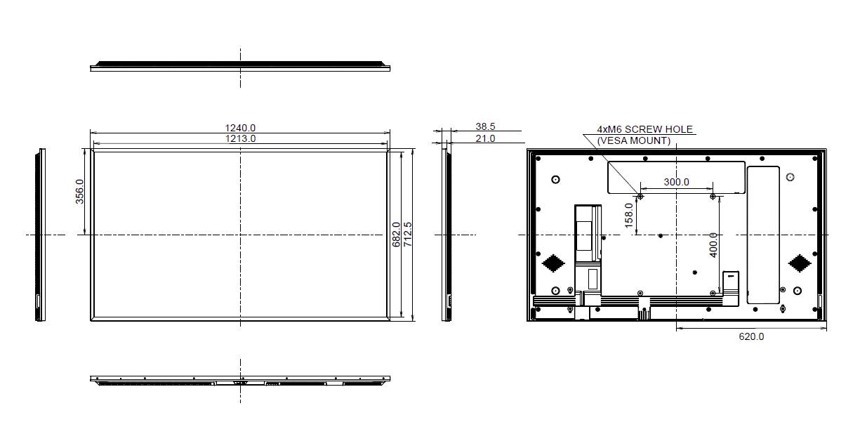 Technische Zeichnung eines rechteckigen Geräts mit Abmessungen: Breite 1280 mm, Höhe 720 mm. Schraubenlöcher und Montagepunkte sind markiert.