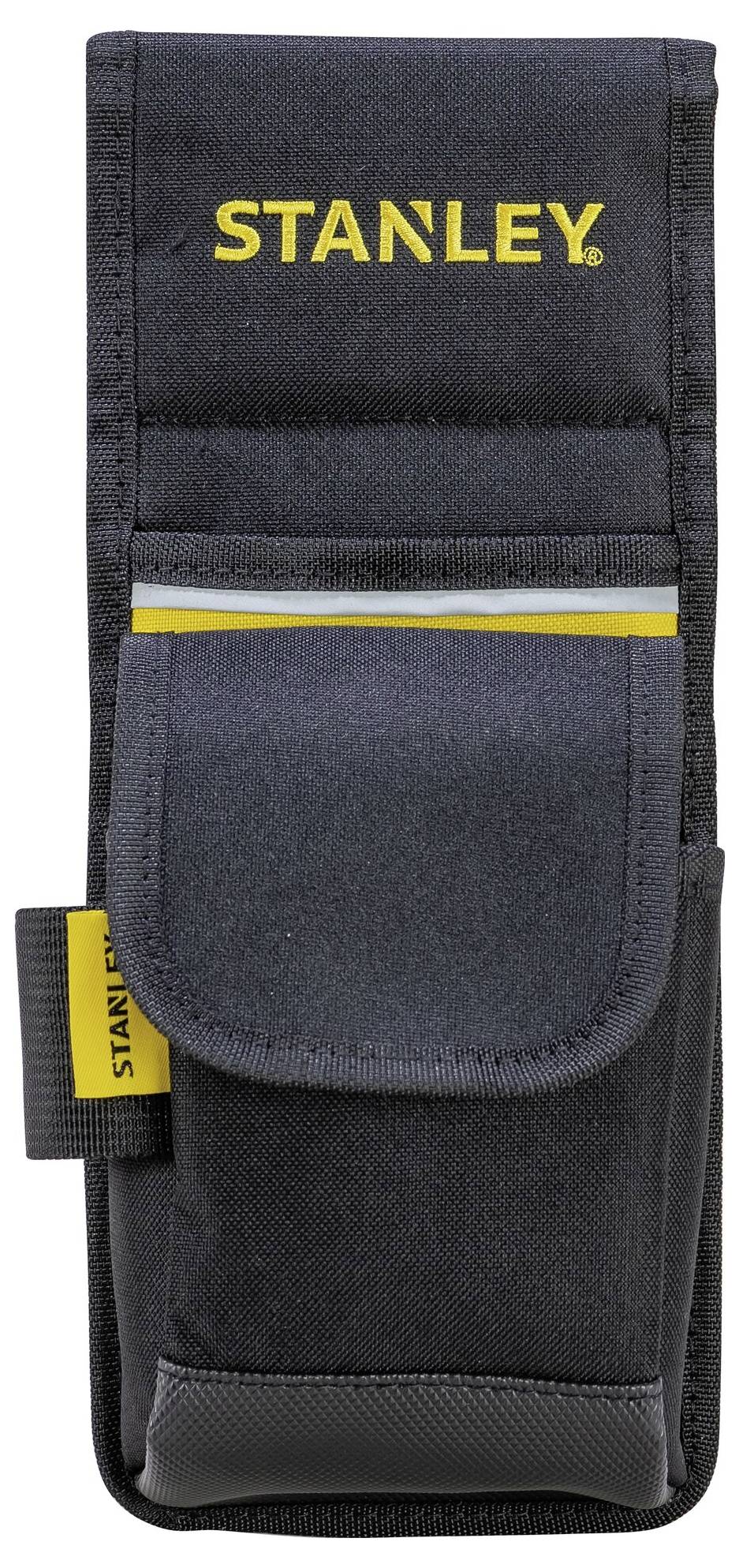 Schwarze Werkzeugtasche mit gelbem 'STANLEY'-Logo, Klappe oben, gelbe Ziernaht, Außentasche seitlich. Geeignet für Handwerkzeuge.
