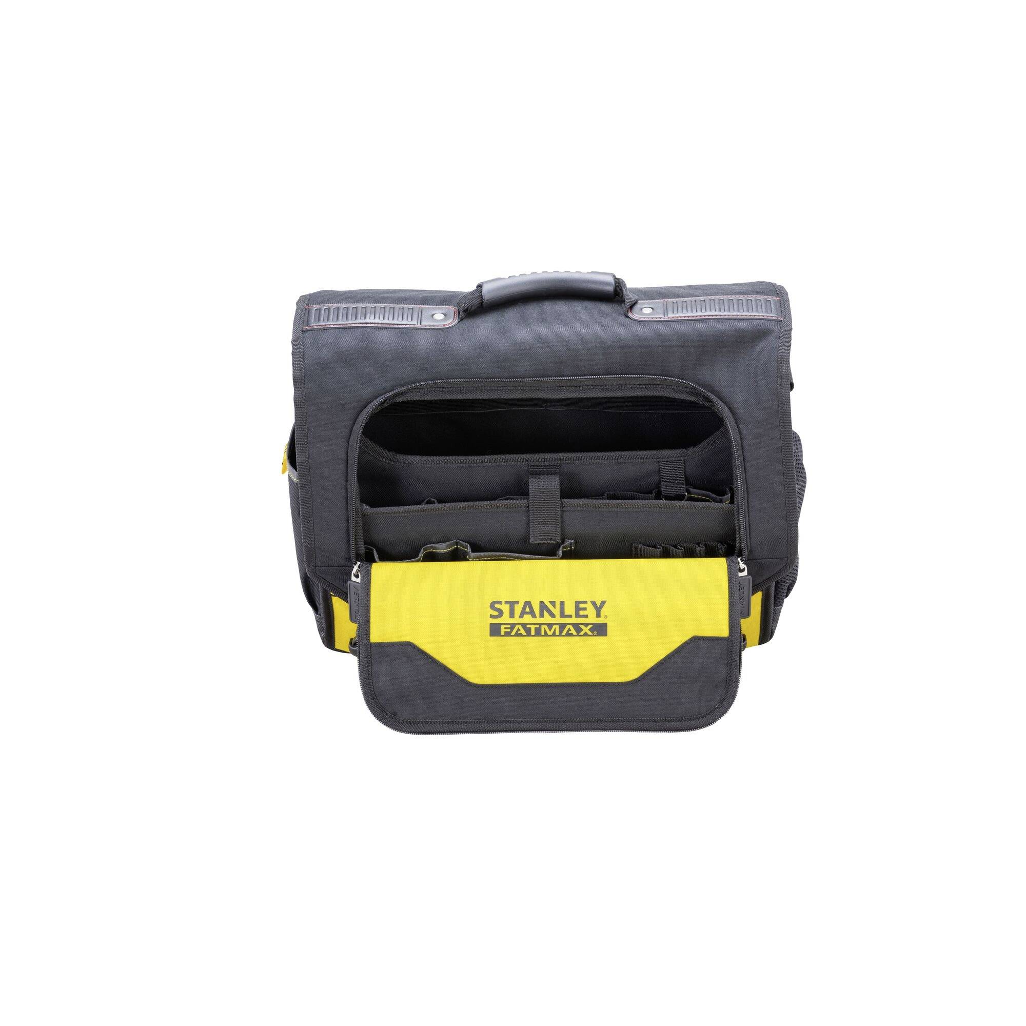 Schwarze Werkzeugtasche mit gelber Innenseite, offenes Hauptfach, 'Stanley Fatmax'-Logo auf der Fronttasche, verschiedene Fächer sichtbar.
