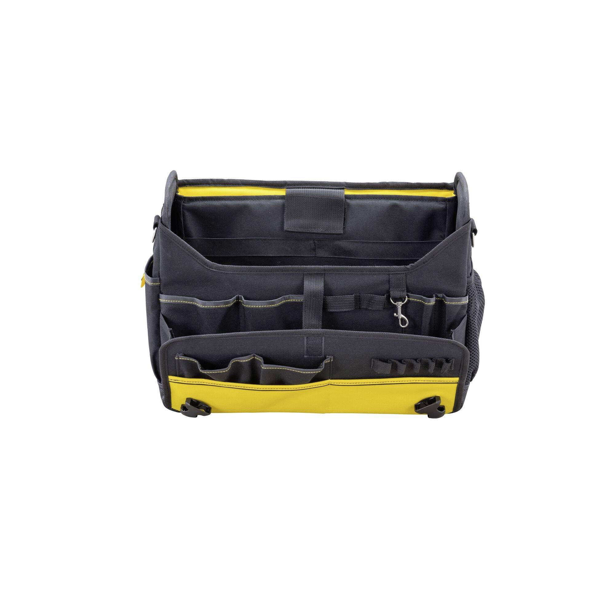 Offene schwarze Werkzeugtasche mit gelben Akzenten, mehrere Fächer und Taschen für Werkzeuge und Zubehör, Ansicht von vorne.