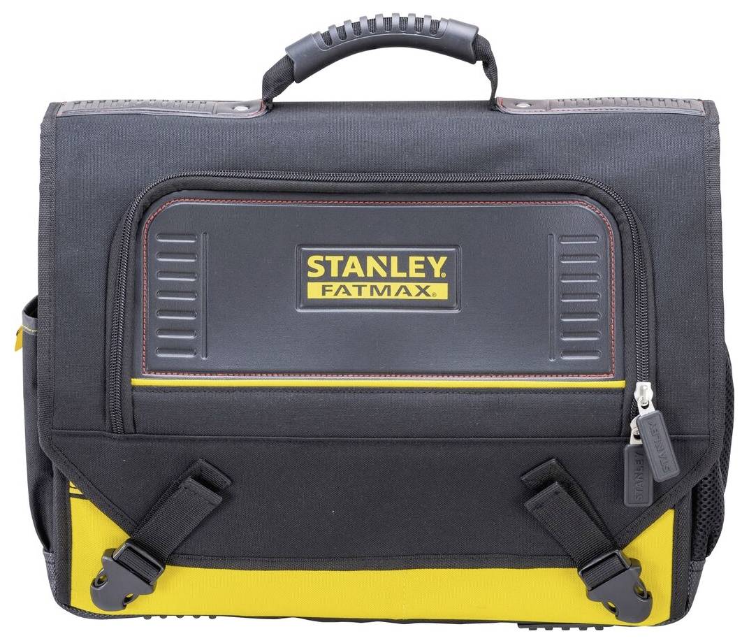 Eine schwarze Werkzeugtasche mit gelben Akzenten, der Markenname 'STANLEY FATMAX' auf der Vorderseite, robuster Tragegriff.