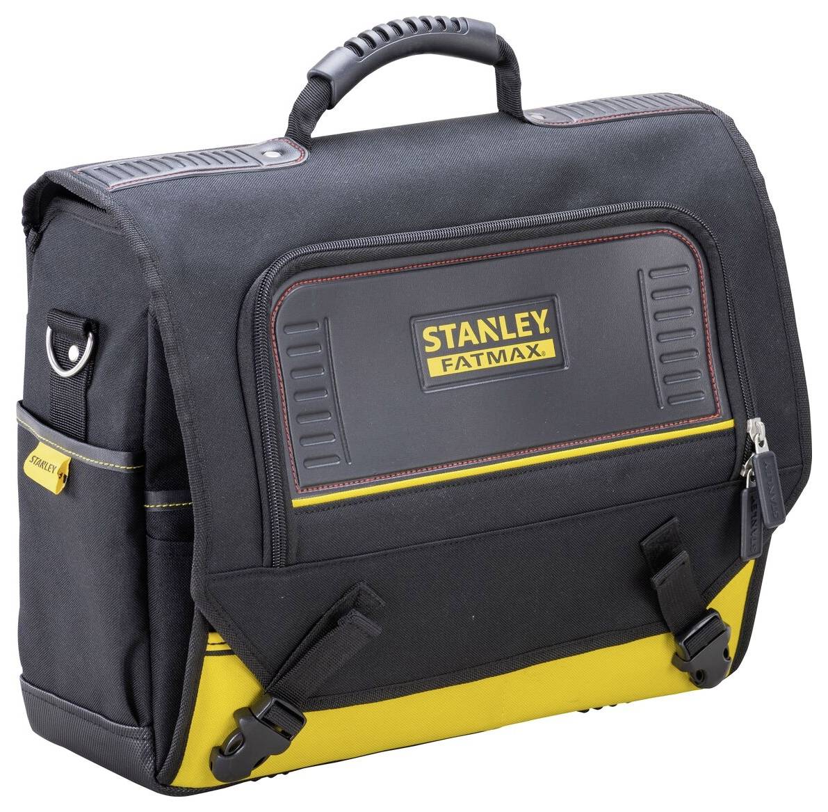 'Stanley Fatmax' Werkzeugtasche in Schwarz mit gelbem Akzent, robustem Griff und mehreren Fächern für Werkzeuge. Ideal für Profis.