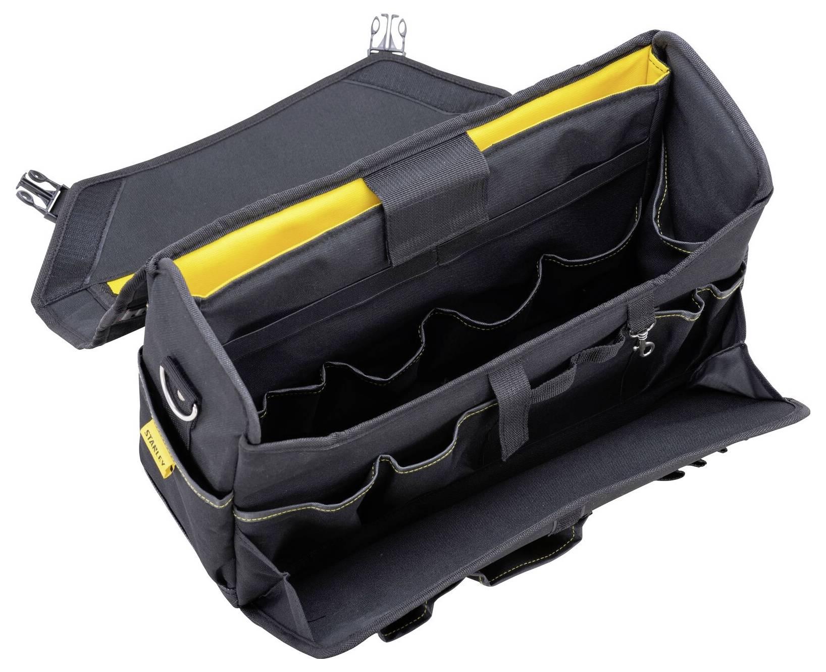 Schwarze Werkzeugtasche mit offenem Deckel, zeigt mehrere Fächer und gelbes Innenfutter, geeignet zur Organisation von Werkzeugen.