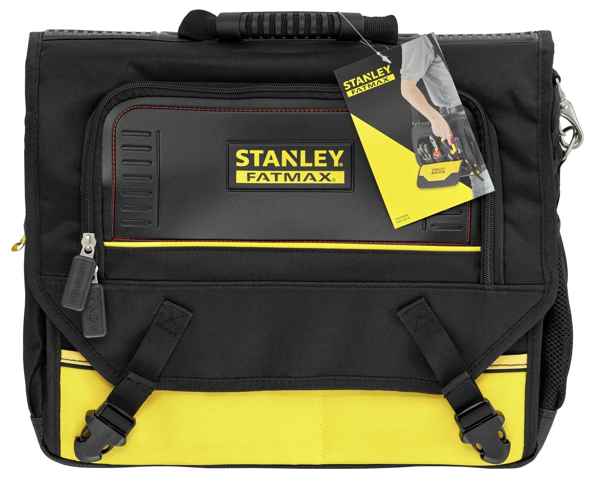 Eine schwarze und gelbe Werkzeugtasche mit 'Stanley Fatmax'-Logo. Sie hat mehrere Fächer und einen Tragegriff.