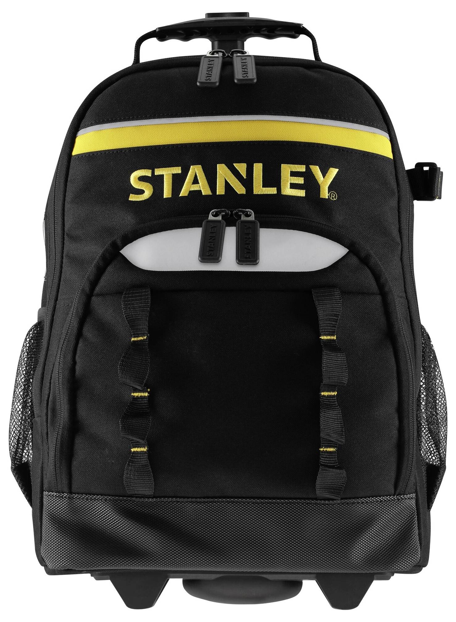 Schwarzer Rucksack mit gelbem Streifen und der Aufschrift 'STANLEY' in Gelb. Zwei Netztaschen an den Seiten.