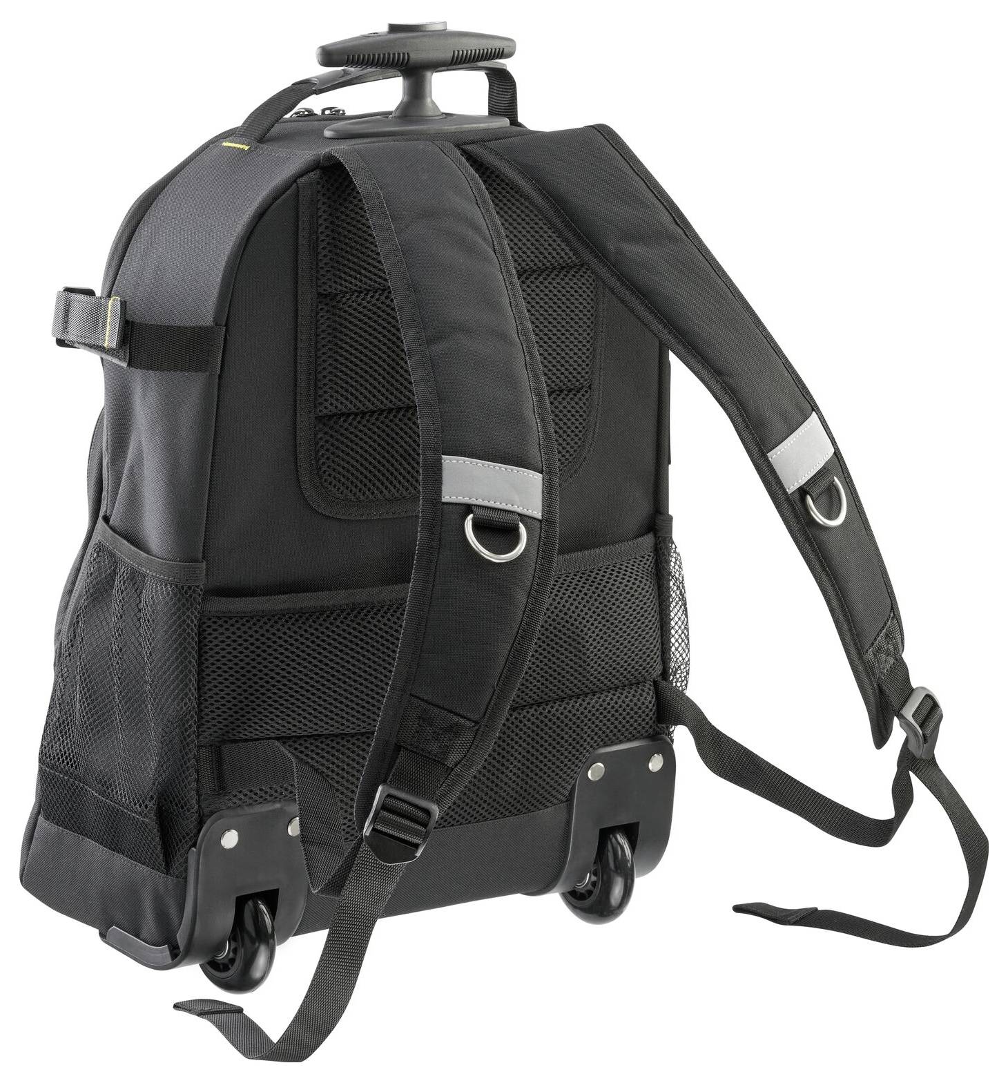 Schwarzer Rucksack auf Rollen mit verstellbaren Schultergurten und zwei Taschen, ideal für Reisen oder Schulgebrauch.