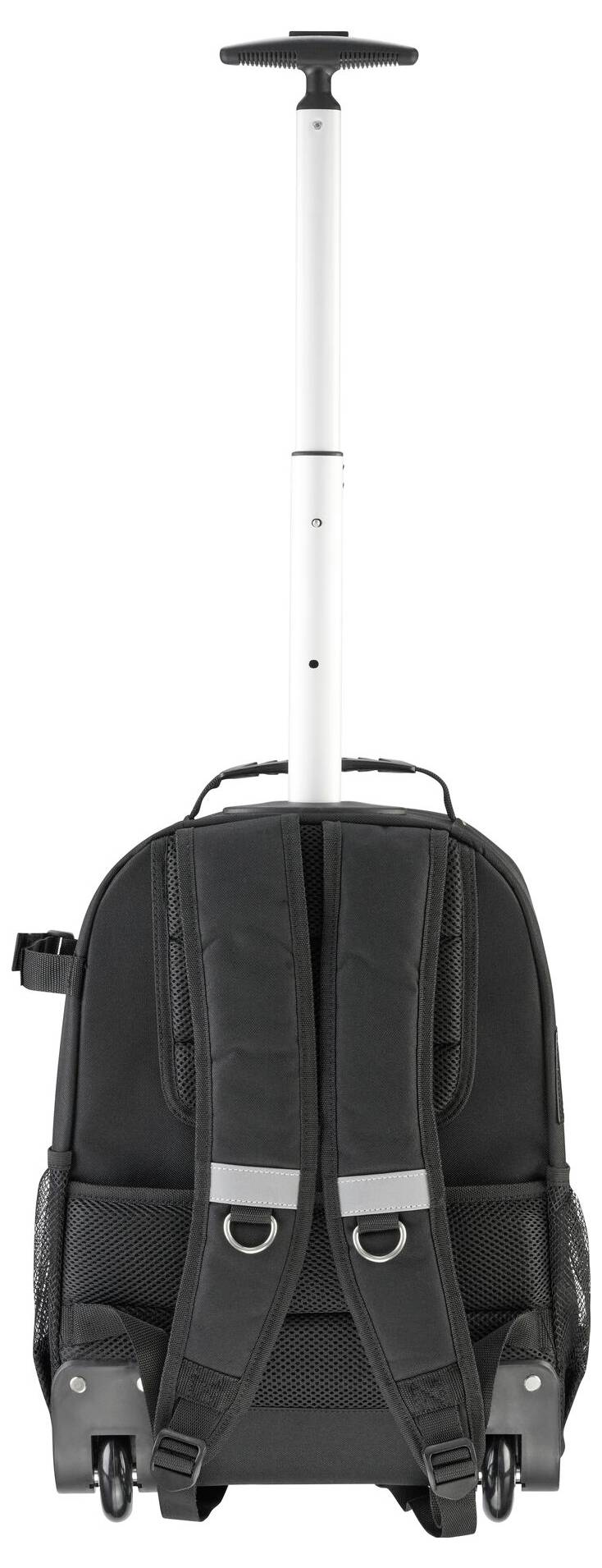 Reiserucksack auf Rädern mit ausziehbarem Griff, schwarzen Gurten und Netzfächern an den Seiten. Ideal für Reisen und Pendeln.