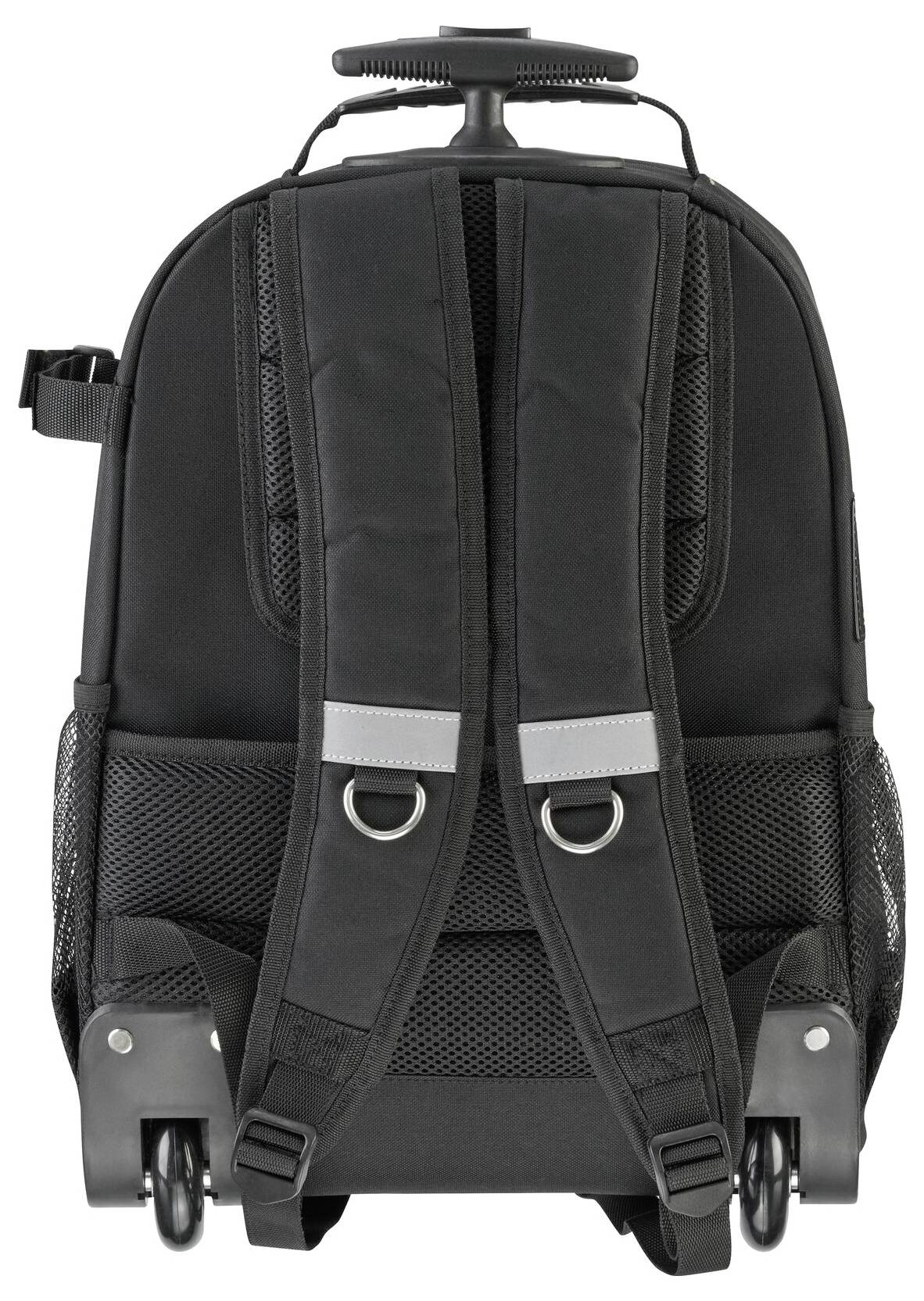 Schwarzer Rucksack mit Rollen und Teleskopgriff, verstellbaren Schultergurten und seitlichen Netzfächern; Rückansicht.