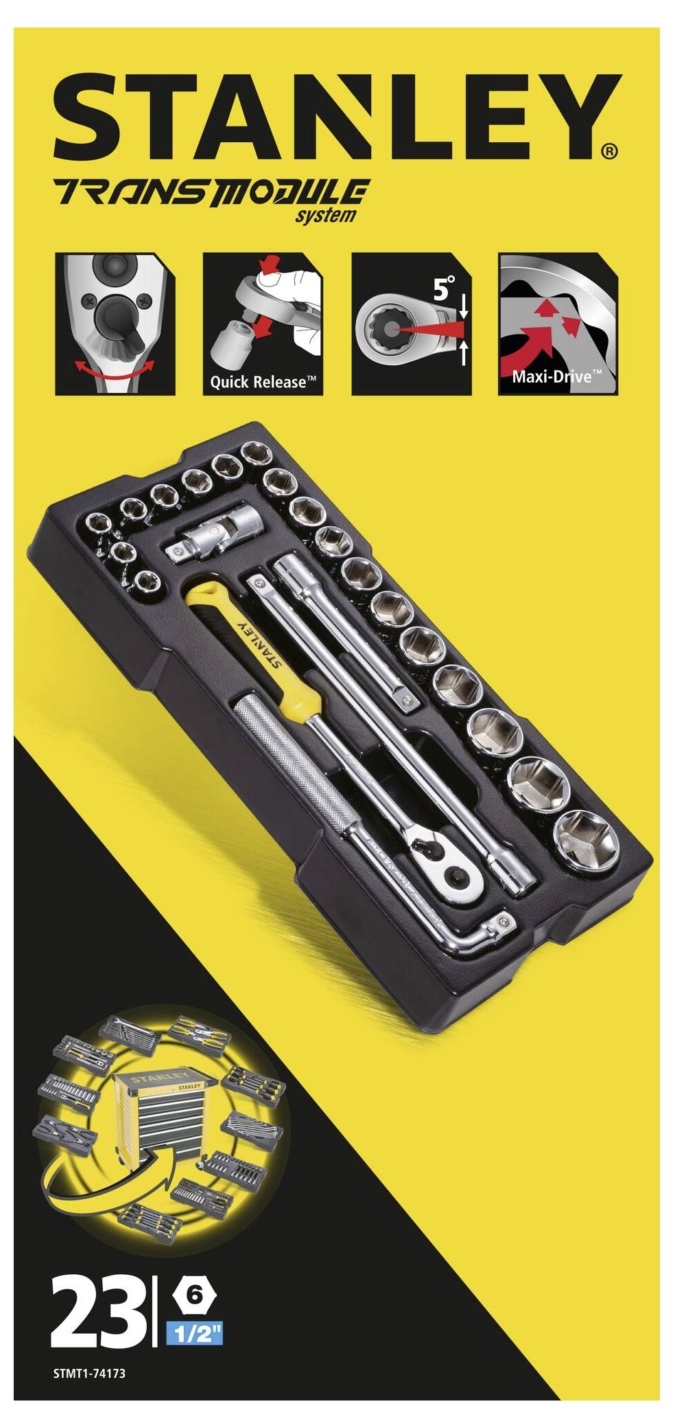 Stanley Werkzeugset, 23-teilig: Ratschen, Steckschlüssel und Zubehör in einem kompakten, gelben Etui, mit Schnellspannfunktion.