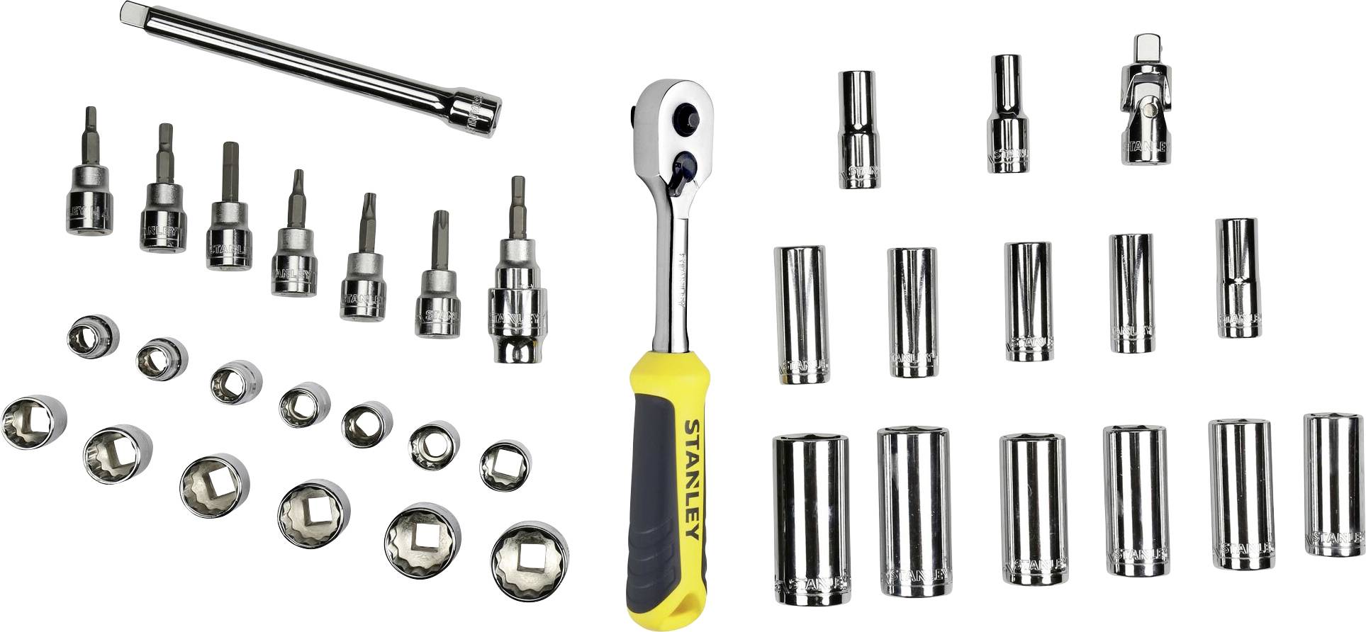 Ein Werkzeugsatz mit einer Ratsche, verschiedenen Stecknüssen und Verlängerungen. Die Ratsche hat einen gelben Griff.