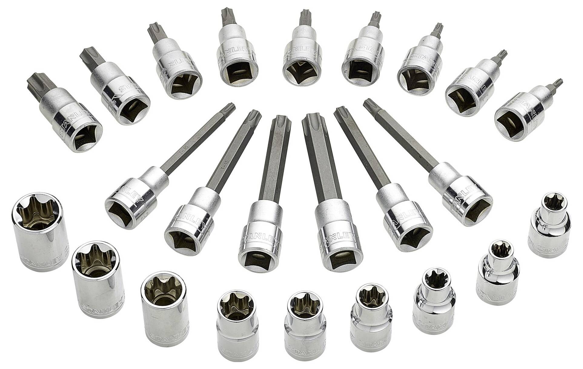 Satz von Torx-Stecknüssen in verschiedenen Größen, kreisförmig angeordnet. Enthält lange und kurze Modelle für unterschiedliche Anwendungen.