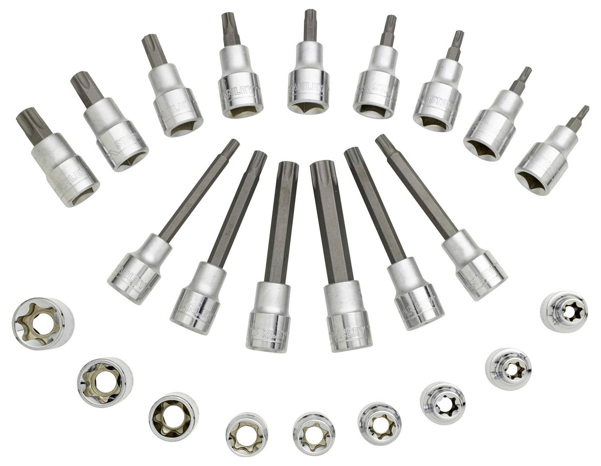 Ein Satz von 18 Stecknüssen in verschiedenen Größen, darunter Inbus- und Torx-Bits, auf einem weißen Hintergrund angeordnet.