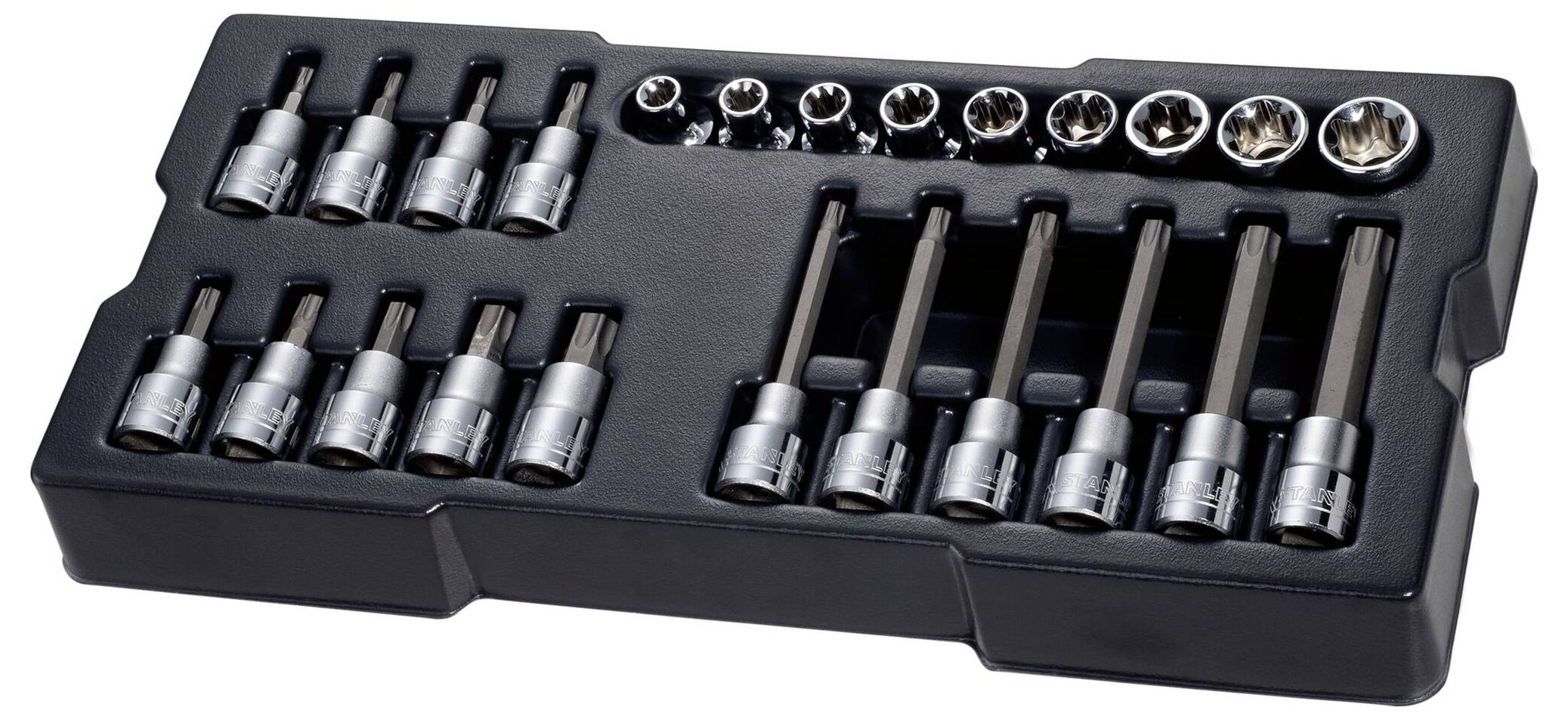 Ein schwarzes Kunststoff-Set mit verschiedenen Steckschlüsseln und Verlängerungen, geordnet in einer Transportbox.