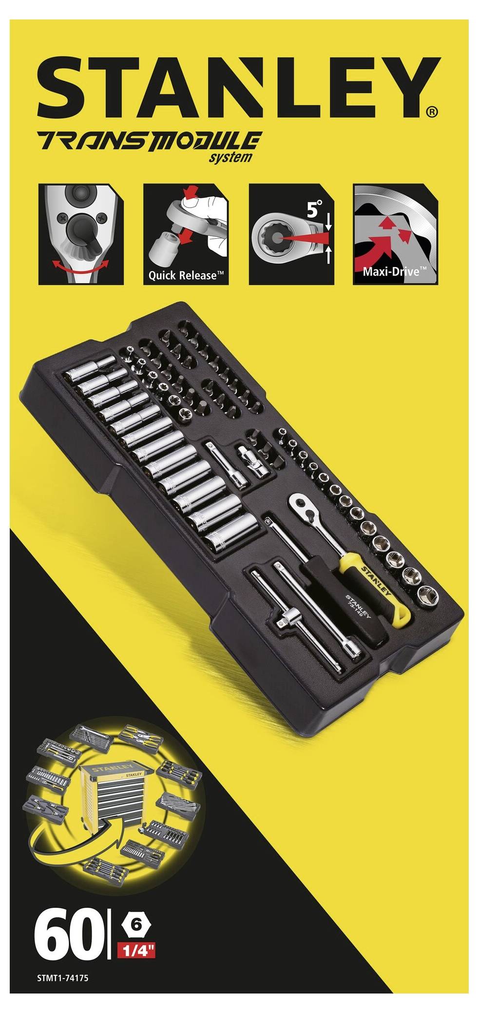 Satz von Stanley Transmodule-Werkzeugen: Ratschen, Steckschlüssel und Bits. Enthält 60 Teile. Quick Release und Maxi-Drive Merkmale.