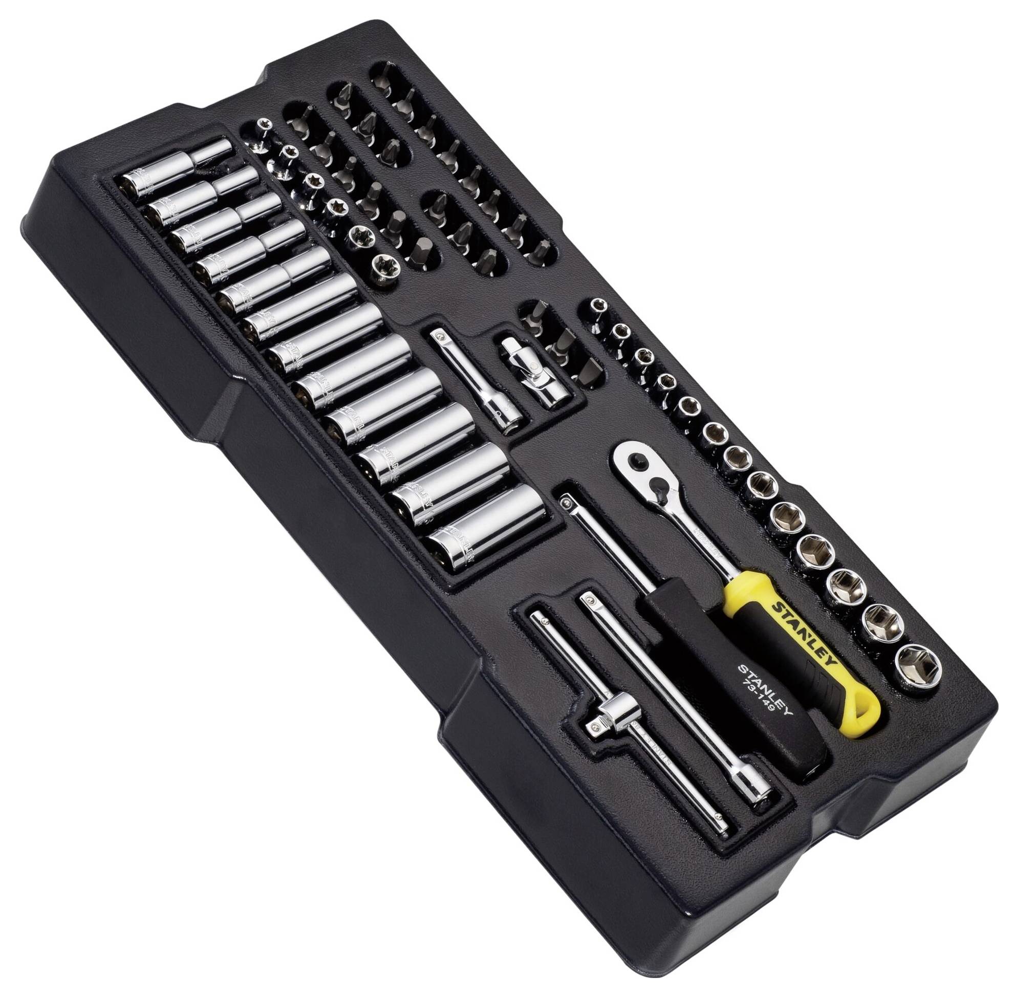 Werkzeugset mit Steckschlüsseln und Ratsche, angeordnet in einer schwarzen Halterung. Enthält verschiedene Größen für vielseitigen Einsatz.