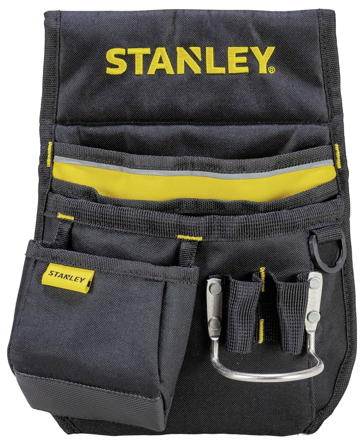 Schwarze Werkzeugtasche mit gelben Details und 'STANLEY'-Logo, mehrere Fächer und Schlaufen zur Aufbewahrung von Werkzeugen.
