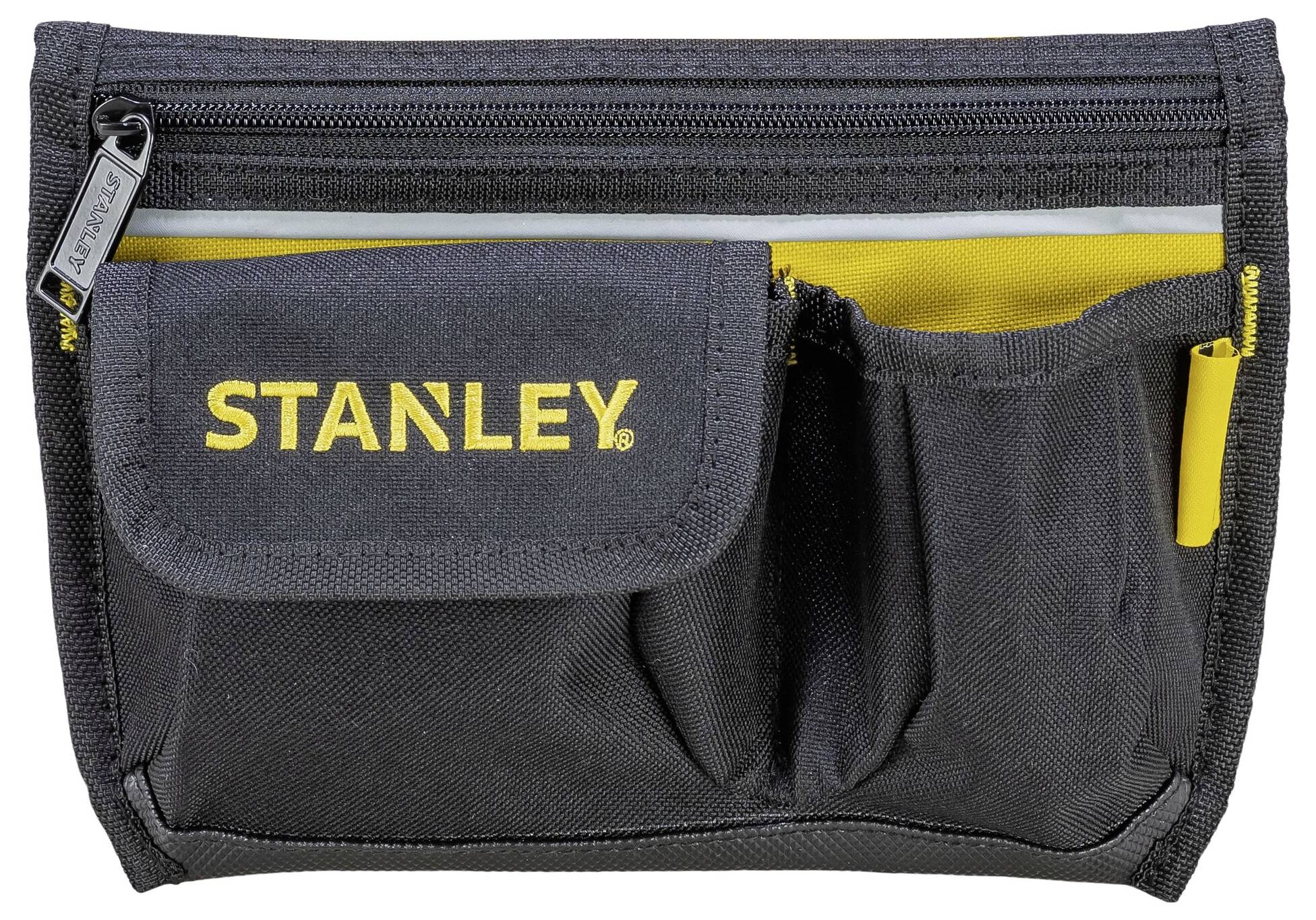 Produktabbildung einer schwarzen Stanley-Werkzeugtasche mit gelbem Logo, mehreren Fächern und einem Reißverschluss.