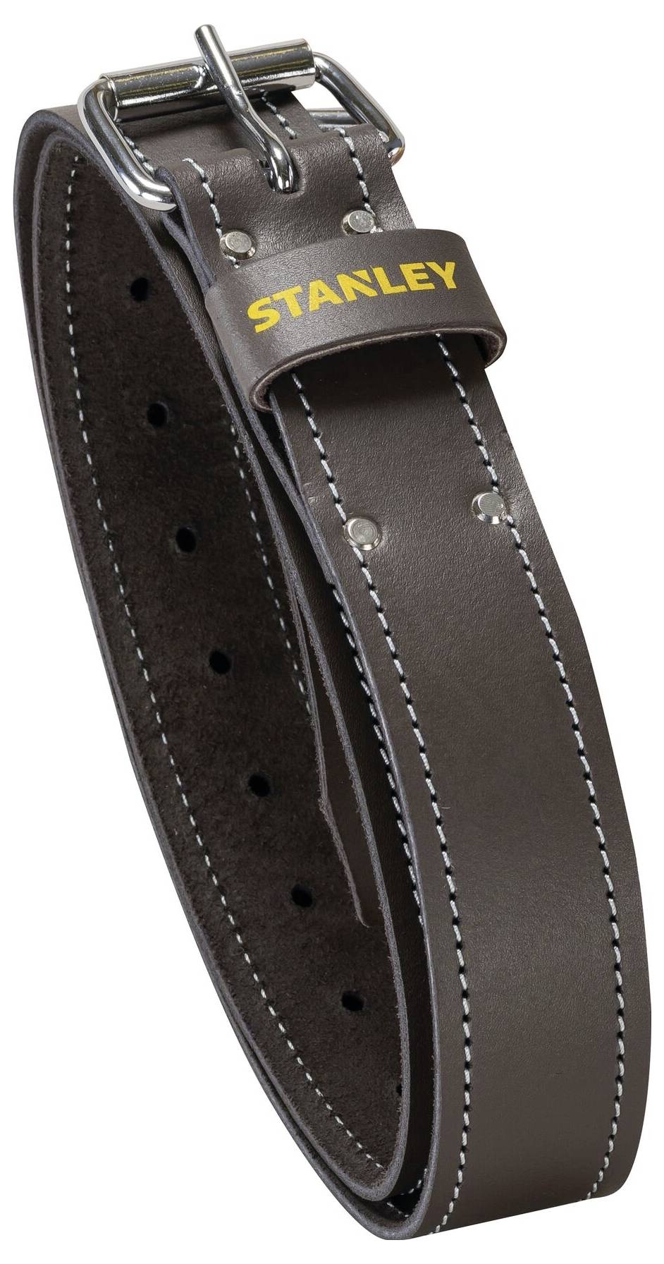 Brauner Ledergürtel mit silberner Schnalle, 'STANLEY' in Gelb auf der Schlaufe.