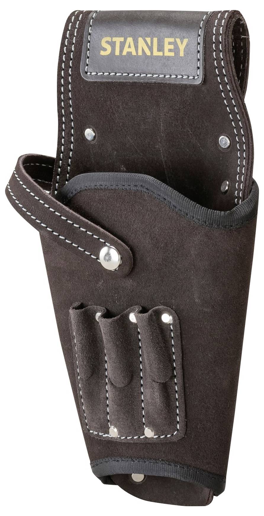 Schwarze Werkzeugtasche aus Leder mit dem Aufdruck 'STANLEY', enthält Fächer für Werkzeuge und liegt flach an der Wand.