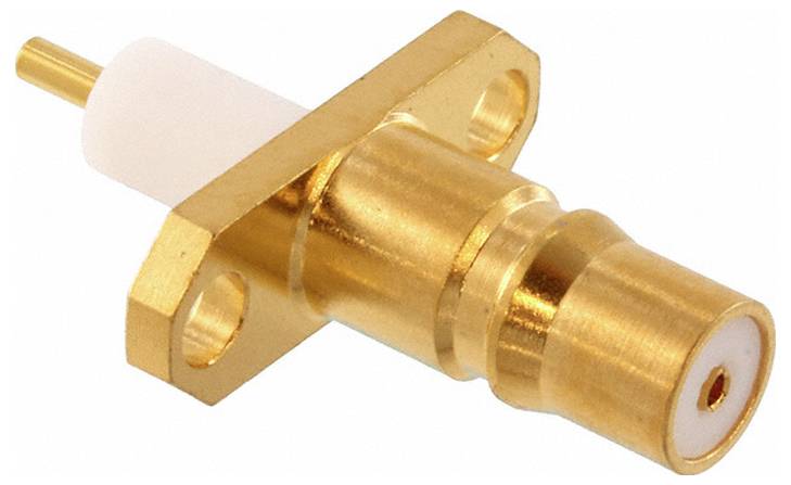 Ein vergoldeter Flansch-Montagestecker mit koaxialem Anschluss, der einen zentralen Stift und zwei Schraubenlöcher aufweist und zur elektronischen Signalübertragung verwendet wird.