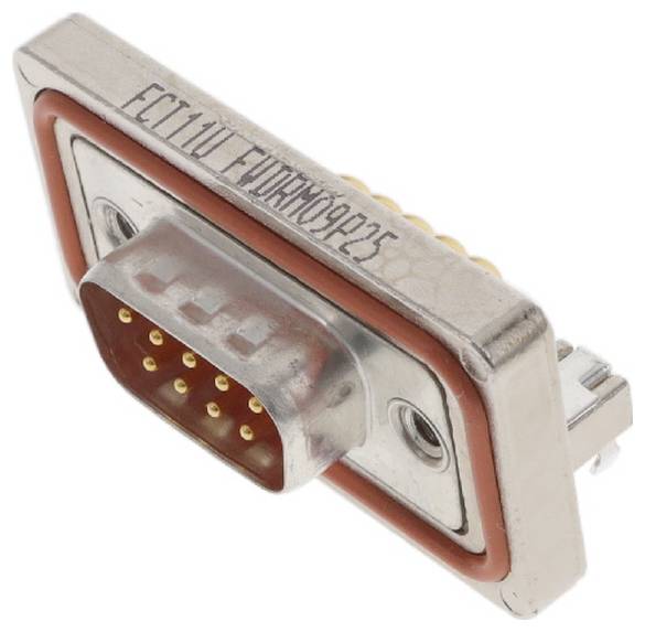 Eine Nahaufnahme eines DB9-Steckverbinders (Stecker) mit Metallgehäuse und orangefarbenem Dichtring, mit Kontaktstiften für elektrische Verbindungen.