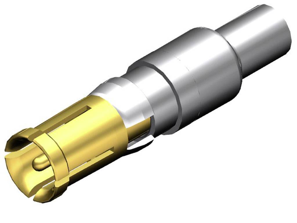 Stiftkontakt mit goldener und silberner Oberfläche, technische Komponente für elektrische Verbindungen und Steckverbindungen.