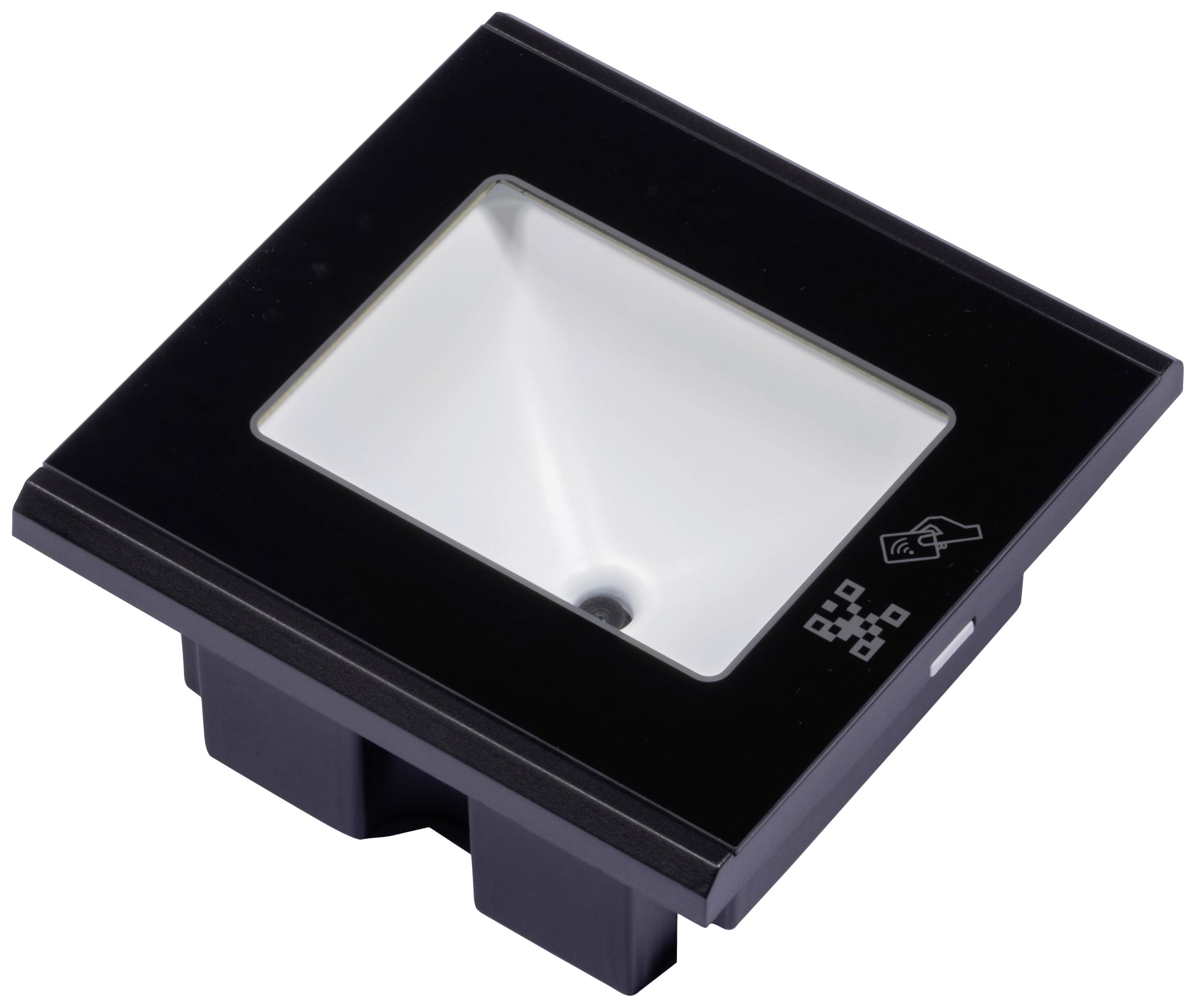 Ein schwarzes und weißes, quadratisches elektronisches Gerät mit einem beleuchteten Bildschirm und NFC-Symbol, verwendet für kontaktloses Scannen.