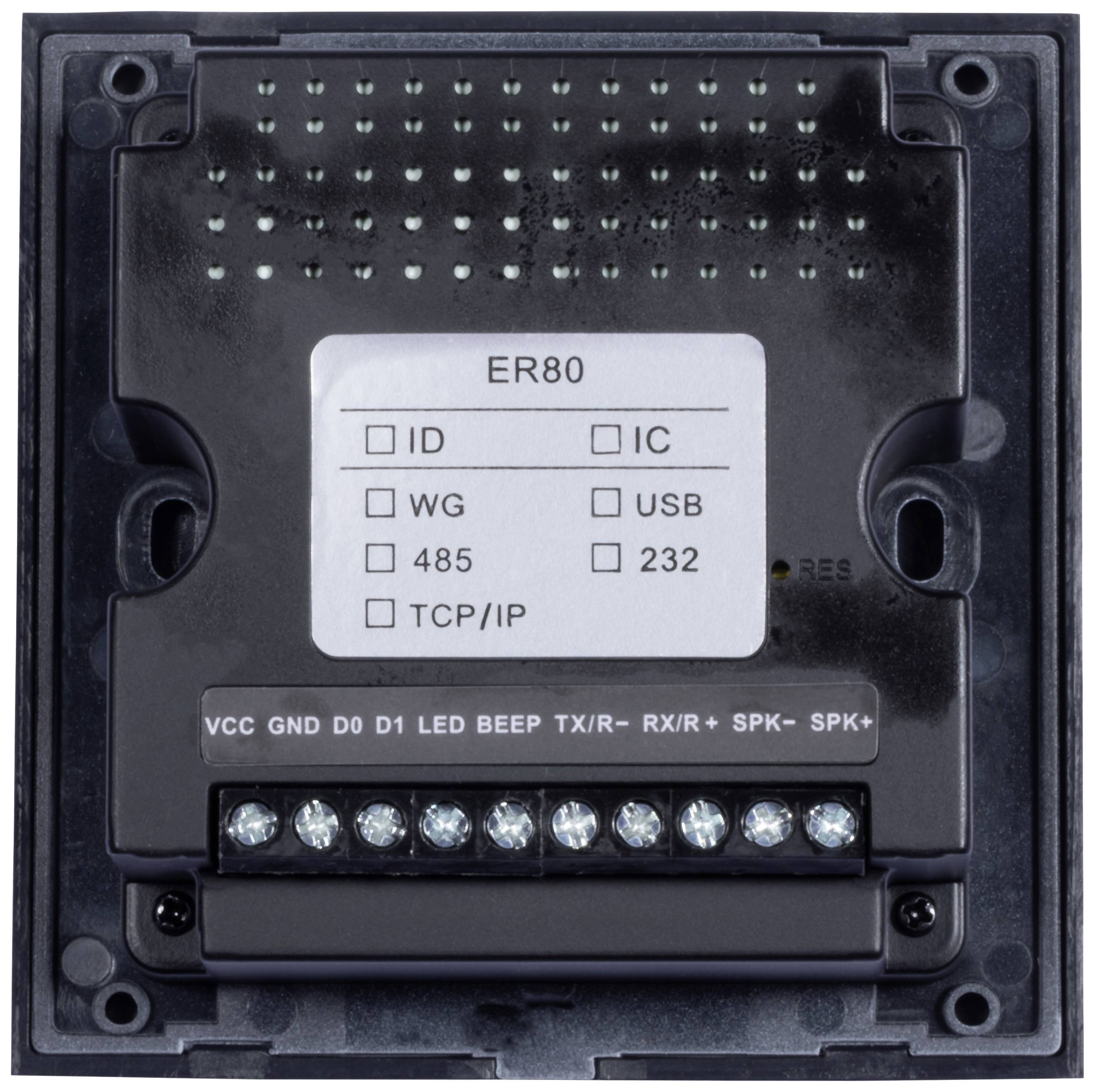 Elektronische Eingangskontrolleinheit mit Anschlüssen: ID, WG, 485, TCP/IP, IC, USB, 232. Anschlüsse für VCC, GND, LED, SPK.