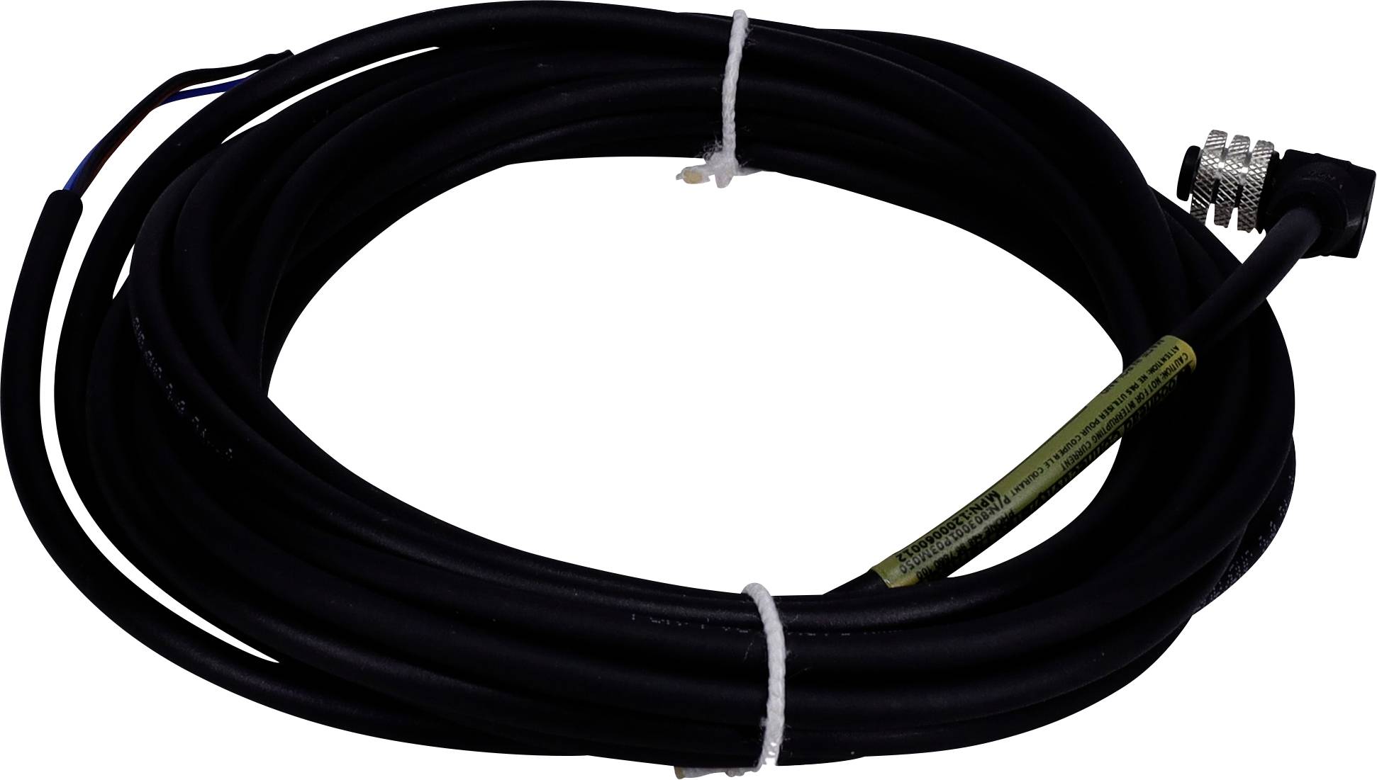 Ein langer, gewickelter schwarzer Kabel mit einem Metallstecker an einem Ende, durch weiße Kabelbinder gesichert, geeignet für elektronische oder technische Anwendungen.