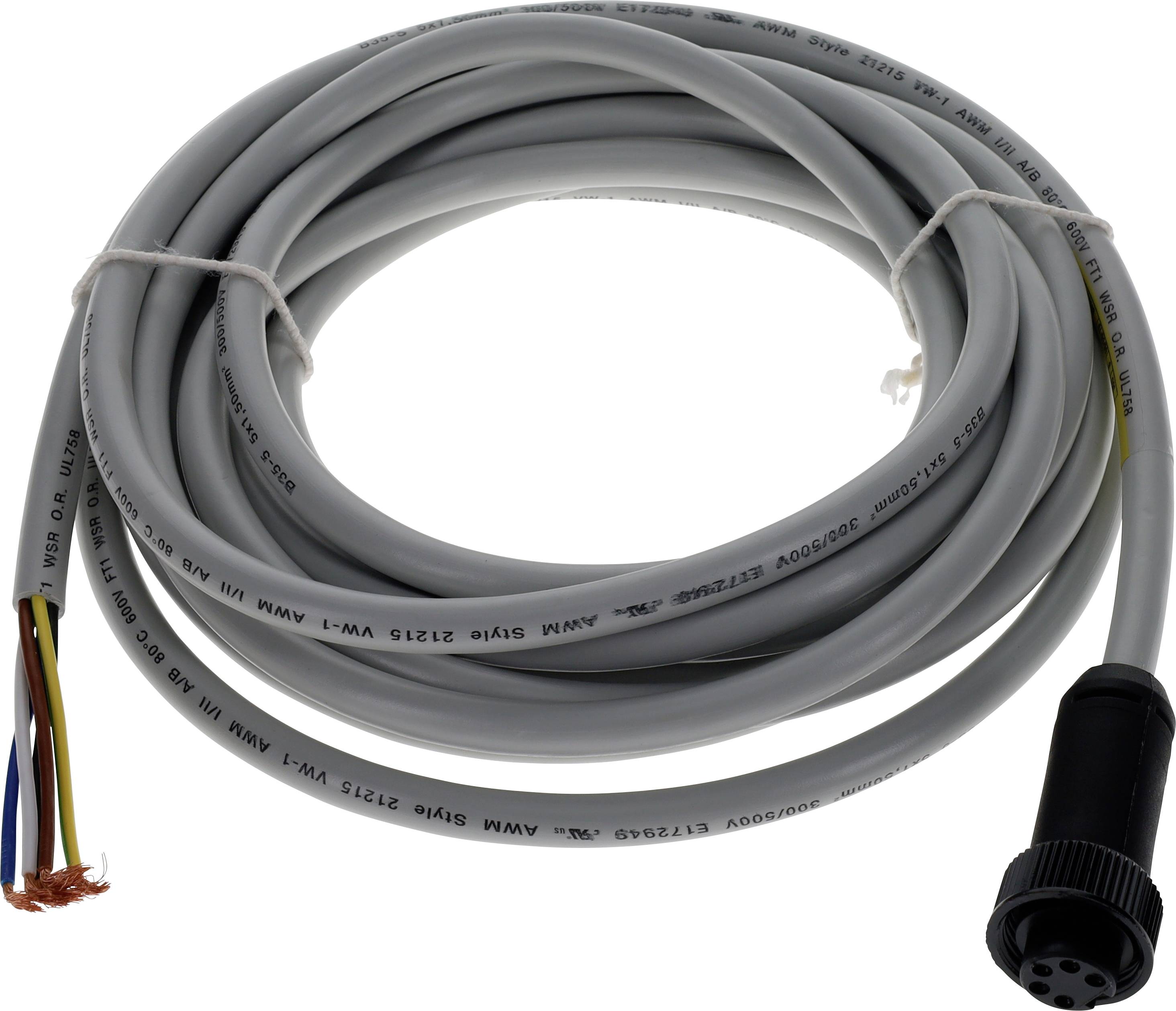 Ein aufgerolltes, graues elektrisches Kabel mit freiliegenden farbigen Drähten an einem Ende und einem schwarzen Anschluss am anderen Ende, mit einem Kabelbinder befestigt.