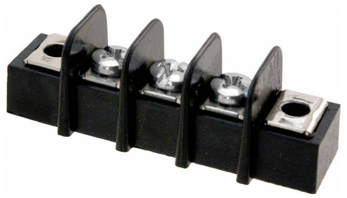 Dreipoliges Anschlussklemmen-Set mit Metallschrauben und schwarzem Kunststoffgehäuse, das zum sicheren Anschluss von Elektrokabeln verwendet wird.