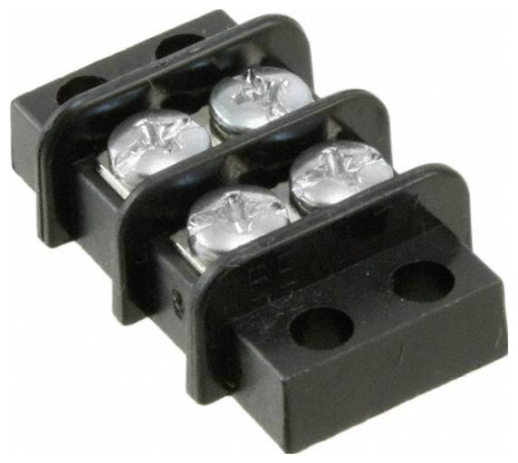 Ein schwarzer Anschlussblock mit zwei Schrauben für elektrische Verbindungen, der zum Befestigen von Drähten verwendet wird und typischerweise in elektronischen Hardware-Setups zu finden ist.