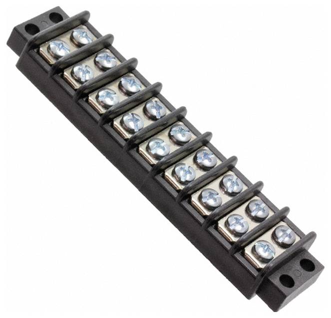 Ein schwarzer Elektrik-Klemmblock mit acht Schraubklemmen zum sicheren Anschluss von Drähten in einem Stromkreis.