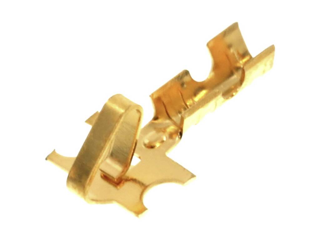 Vergoldetes Metallclip mit gebogenem Design, möglicherweise ein Kontaktstück für elektrische Verbindungen in technischen Anwendungen.