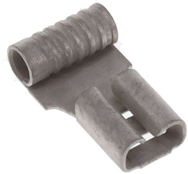 Ein metallischer elektrischer Stecker mit einem zylindrischen und gerippten oberen Abschnitt, konzipiert für sichere Drahtverbindung und Stromleitung.