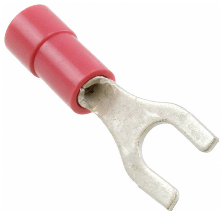 Ein roter isolierter Spadeleiterklemmen-Stecker zum Anschluss von Elektrokabeln mit gegabeltem Metallende.