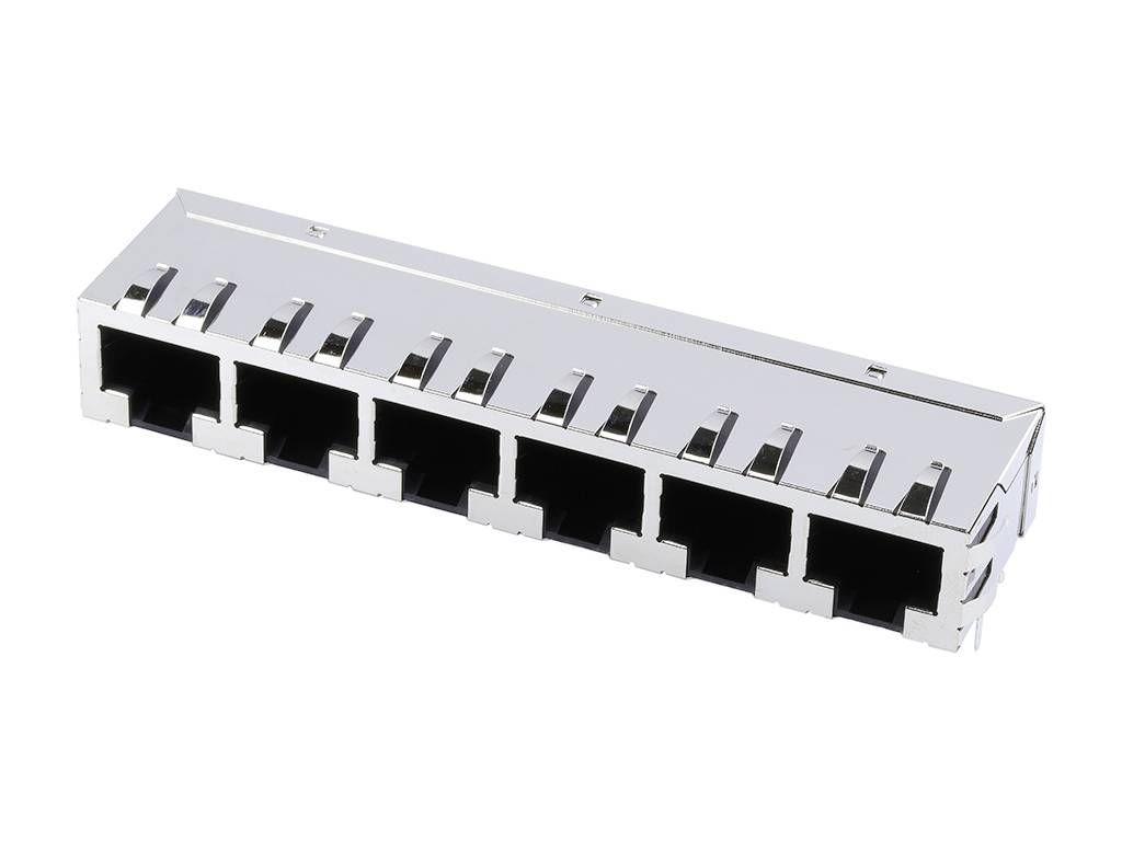 Sechsfache RJ-45-Buchse in einer metallischen Hülle, verwendet für Netzwerkverbindungen, darstellt.