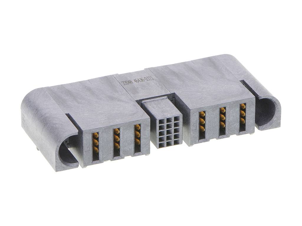 Ein grauer rechteckiger Steckverbinder mit mehreren Kupferpins, geeignet für elektronische Verbindungen oder Komponenten.