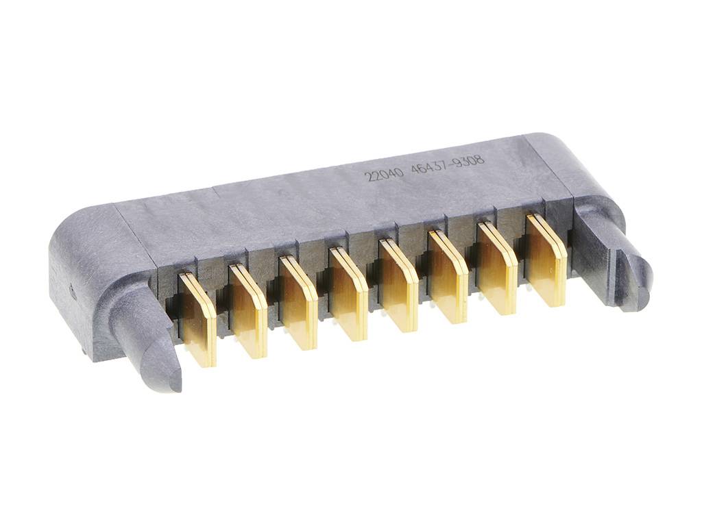 Ein schwarzer Steckverbinder mit neun goldenen Pins.