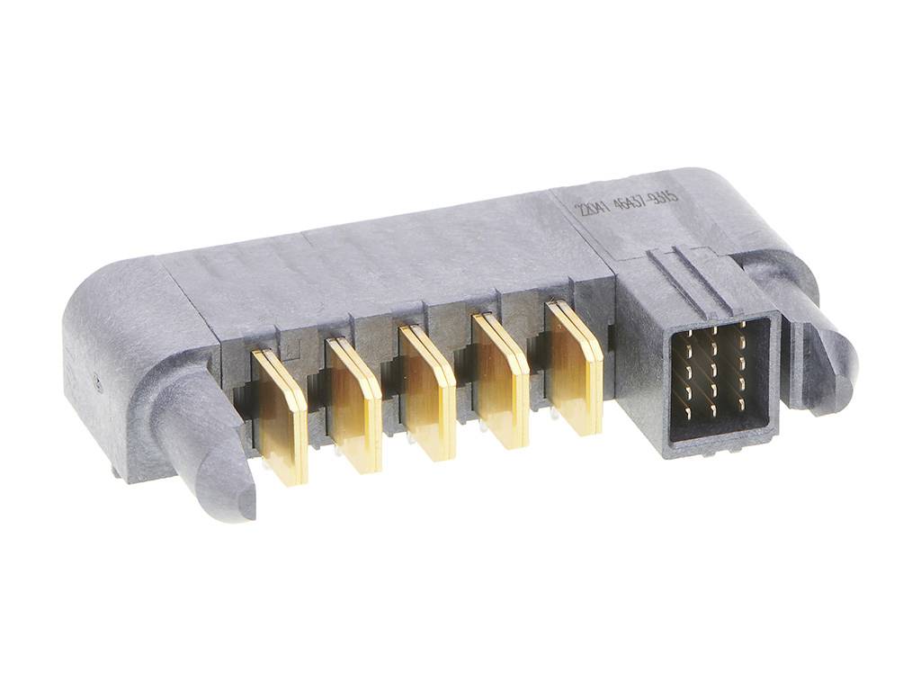 Ein grauer elektrischer Stecker mit mehreren goldenen Kontakten und rechter Winkel, geeignet für elektronische Verbindungen.