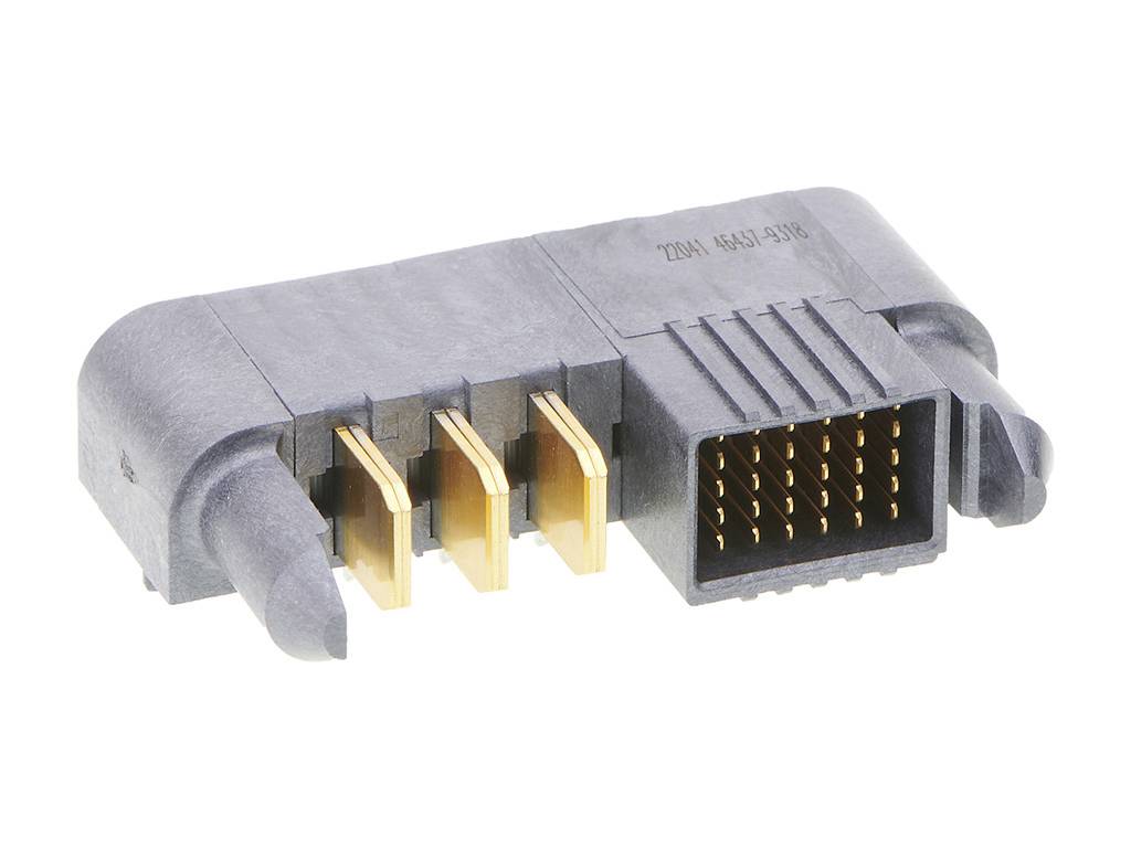 Ein rechtwinkliger Steckverbinder mit mehreren goldenen Stiftkontakten, geeignet für die elektronische Verbindung von Geräten.