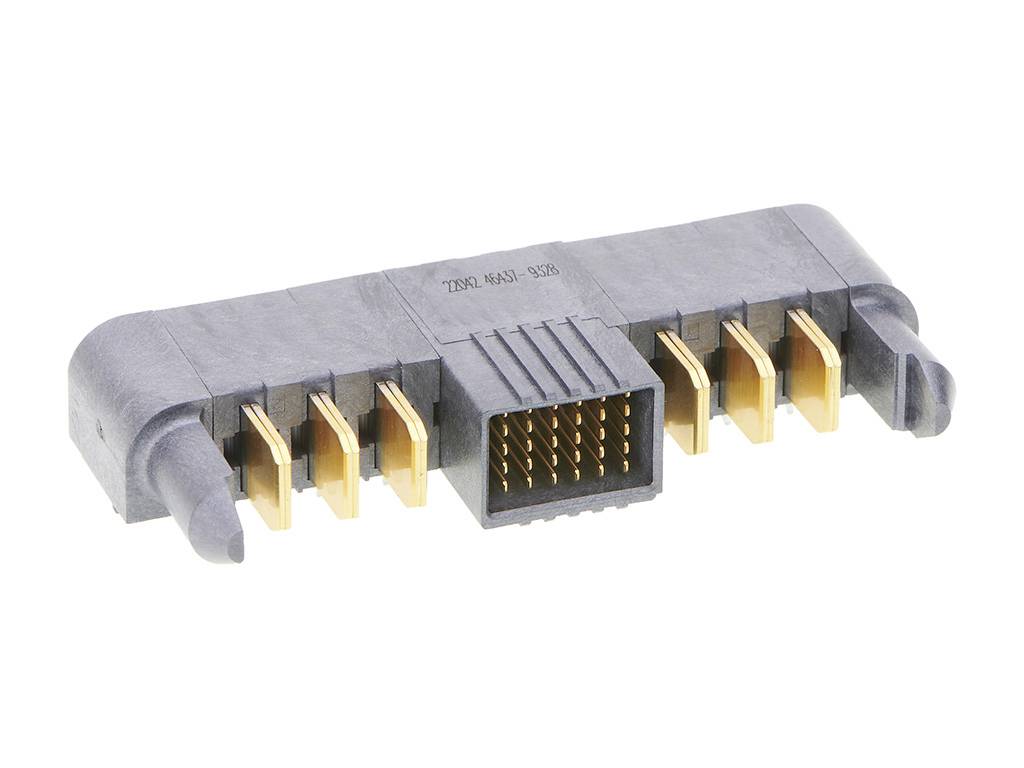 Ein rechtwinkliger Steckverbinder mit einer zentralen Buchse und mehreren goldenen Kontakten. Geeignet für elektronische Verbindungen.