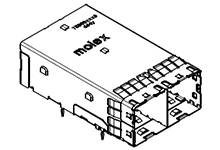 Bauzeichnung eines elektrischen Steckverbinders von Molex, rechteckige Form mit mehreren Kontakten und seitlichen Halterungen.
