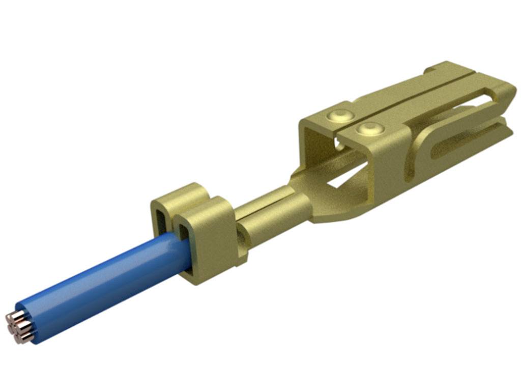 Ein goldener elektrischer Steckverbinder mit einem blauen Kabel, das in die Klemme eingeführt wird, ist im Bild zu sehen.