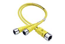 Gelbes Y-Kabel mit drei Anschlüssen, das zur Verbindung von elektronischen Geräten oder zur Datenübertragung verwendet wird.