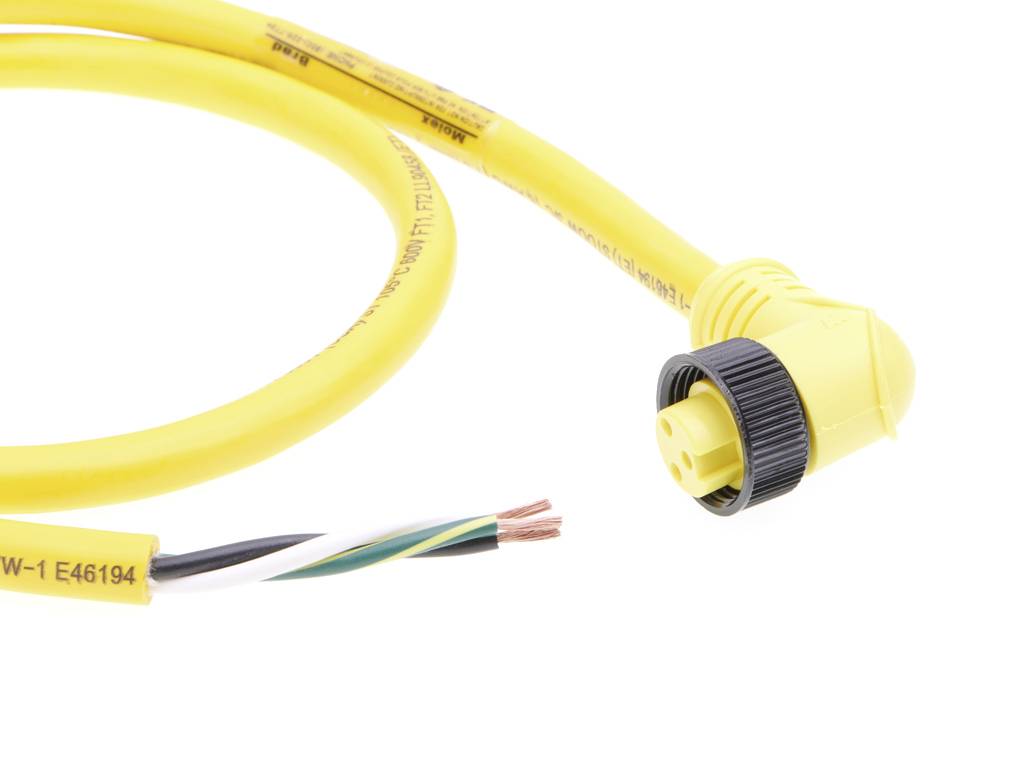 Gelbes Kabel mit abgerundetem Steckverbinder und freiliegenden Drähten; geeignet für elektrische Verbindungen und Verkabelungen.