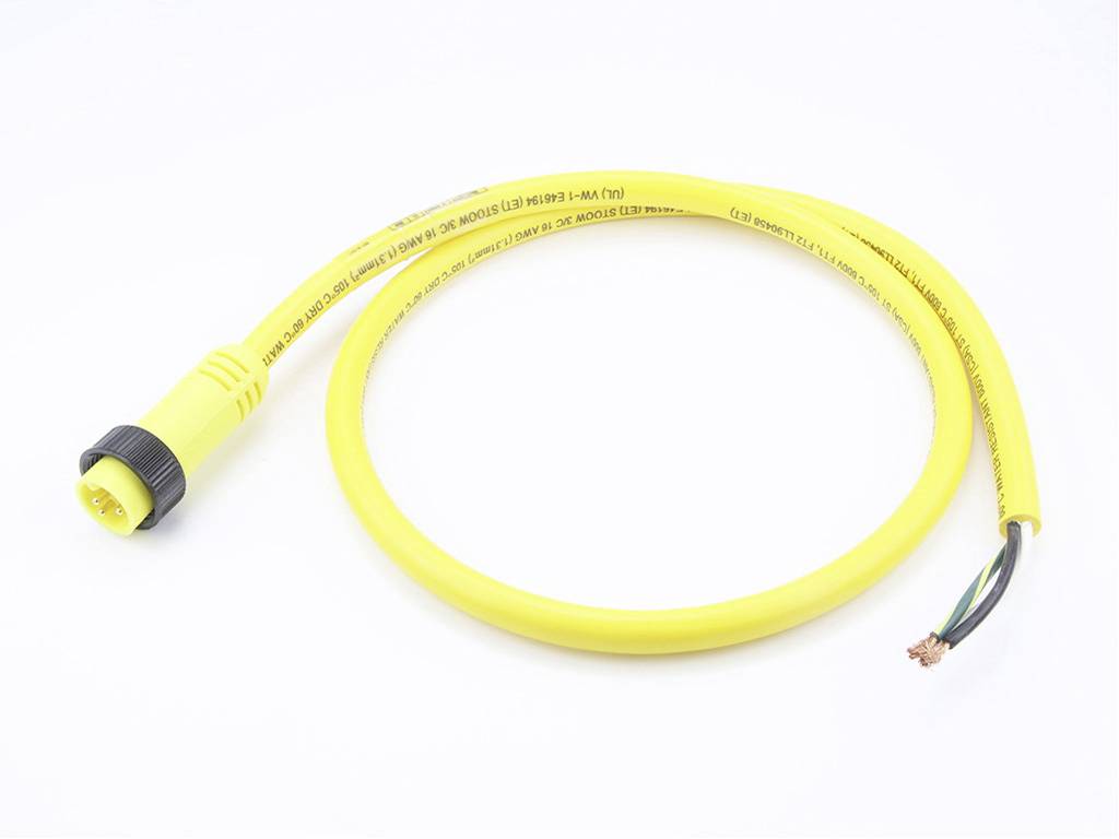 Gelbes Kabel mit schwarzem Stecker, geeignet für elektrische Anschlüsse, zeigt ein offenes Endstück mit freiliegenden Drähten.